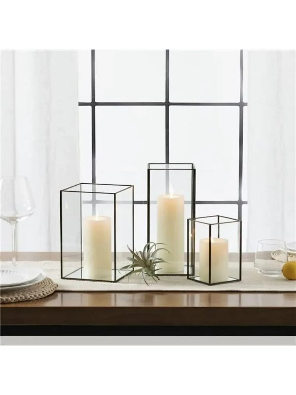 Square Glass Hurricane Candle Holders Set of 3 Vintage Brass Frame Home Centerpi